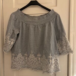 Tribal Navy Striped Blouse with Ivory Lace